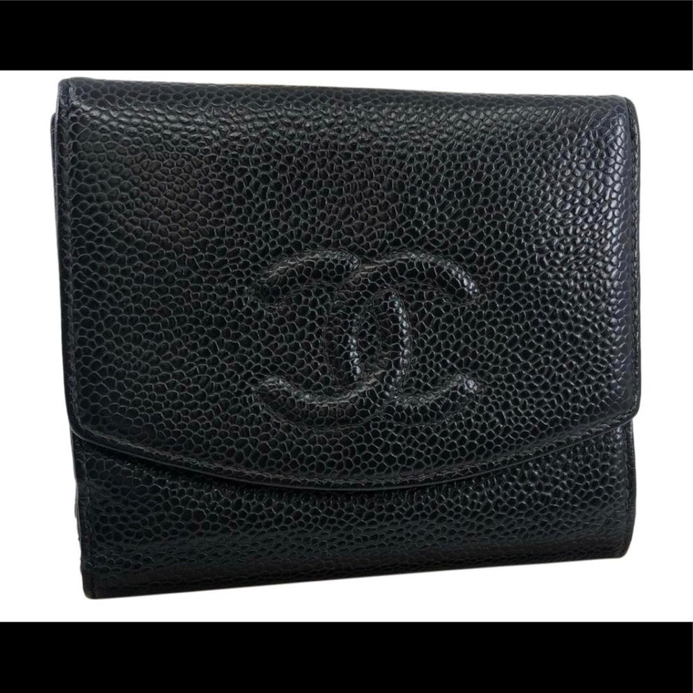 Chanel Black Cc035 Caviar leather logo wallet